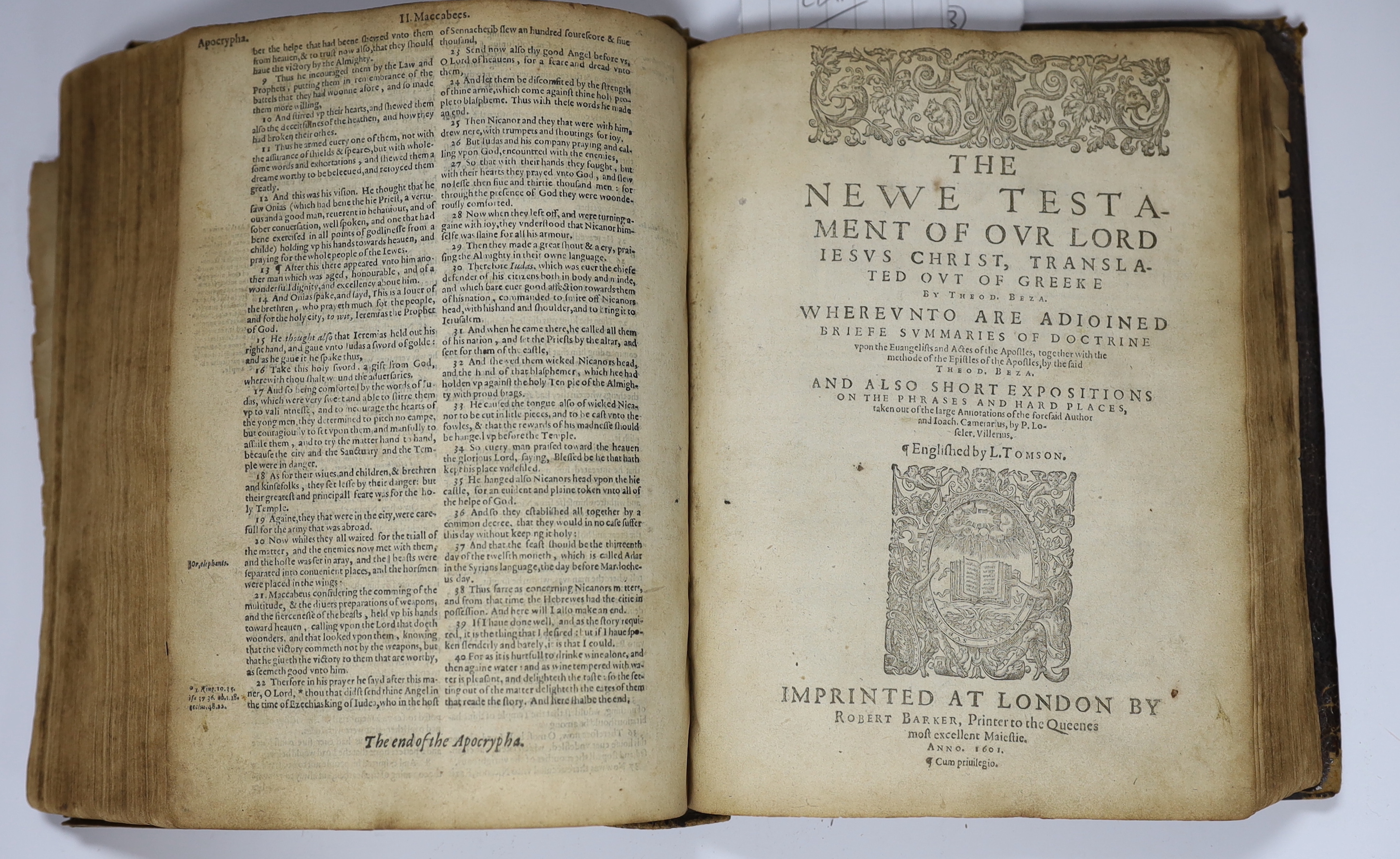 Bible - Robert Barker's Geneva Version of 1601, but lacking general title. (The Bible:that is, the Holy Scriptures conteined in the Old and New Testaments...). head and tailpiece decorations, decorated initial letters, d